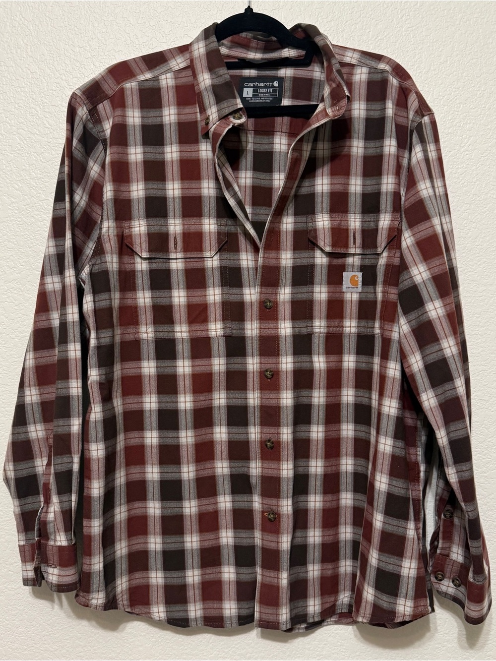 🦕 Carhartt| Men’s Large Loose Fit Plaid Long Sleeve Button Down Work Shirt Brown